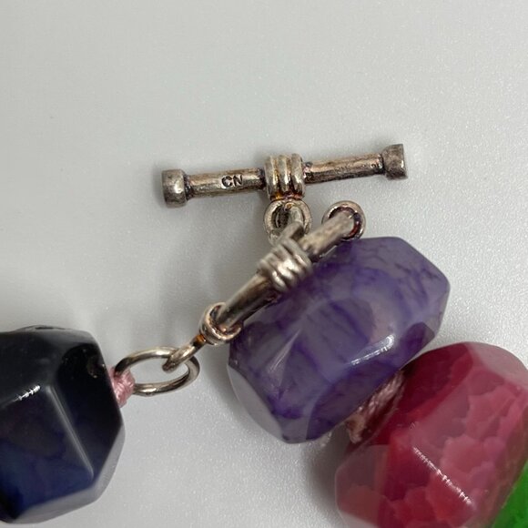 silver sterling .925 Beaded Necklace Multi-Color gemstones Agate toggle Clasp - Picture 2 of 8